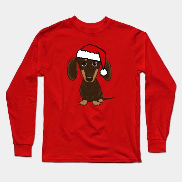 Chocolate Dachshund with Santa Hat Cute Wiener Dog Christmas Long Sleeve T-Shirt by Coffee Squirrel